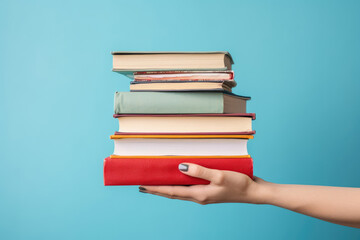 Wall Mural - Woman hands holding pile of books over light blue background. Education, library, science, knowledge, studies, book swap, hobby, relax time