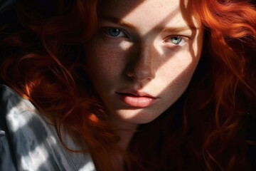 Close-up of a beautiful red-haired girl with a light and shadow pattern on her face