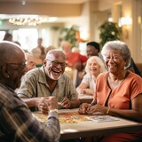 Fototapeta Las - Group of Elderly People in Assisted Living Playing Games Together, Social and Healthy Lifestyle for Aging Grandparents Concept