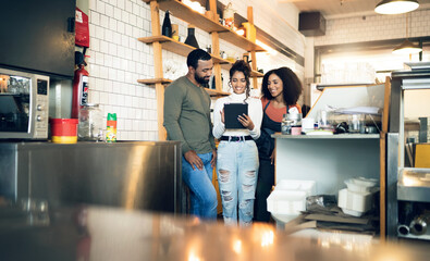 Canvas Print - Happy woman, tablet and team in cafe for manager, meeting or planning together at coffee shop. Female person, entrepreneur or restaurant owner smile in teamwork on technology at retail store