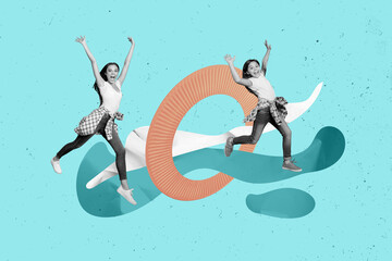 Sticker - Creative collage image of two excited black white effect people raise hands jump rush isolated on drawing turquoise background