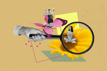 Collage Image Of Black White Effect Arm Hold Magnifier Lens Glass Mini Girl Flying Butterfly Sit Big Sunflower Isolated On Beige Background