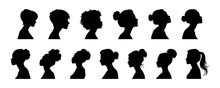 Black Silhouette Of Woman Big Set, Side View, Face And Neck Only. Female Silhouette. Women's Equality Day. International Women's Day. Set Of Vector Womens Silhouettes Isolated On White Background.