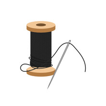 Spool Of Black Thread And Sewing Needle Flat Vector Illustration