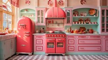 A Bakery-themed Kitchen With Pastel-colored Appliances And Cherry-red Cabinets.