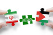Puzzle made from flags of Iran, Hamas and Palestine. Gaza and Israel conflict. Terrorist organizations hamas