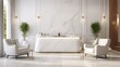© HN Works - Luxury and elegance beauty salon or office reception area interior design with luxury marble reception counter, armchairs against wood plank wall, white marble wall. 3d render, 3d illustration