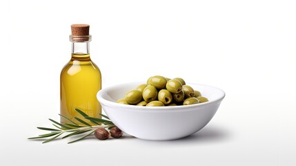 Aufkleber - Olives and olive oil in white bowl with bottle of olive oil on white background. Mockup for package. Copy space.