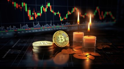 Sticker - Cryptocurrency Bitcoin Trading Candle Chart Ethereum Mining Monthly Report Metaverse and Stock Market Background Banner