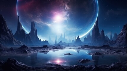 Wall Mural - futuristic fantasy landscape, sci-fi landscape with planet, neon light, cold planet. galaxy, unknown