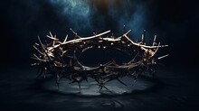 The Crown Of Thorns Of Jesus On Black Background Against Window Light With Copy Space, Can Be Used For Christian Background, Easter Concept