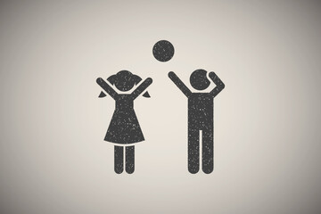 Wall Mural - Children, balloon, game, play, girl, man icon vector illustration in stamp style