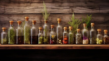 Sticker - Bottles of tincture or infusion of healthy medicinal herbs and healing plants on wooden table. Herbal medicine.