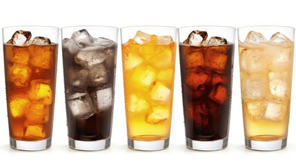 Poster - Glasses of sweet carbonated drinks with ice cubes isolated on white. With clipping path