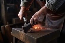 Blacksmith Hammering Hot Iron On Anvil
