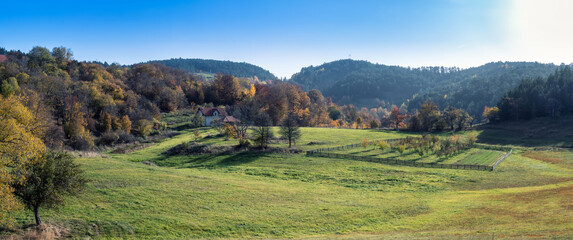 Wall Mural - colorful autumn view with a small farm house, green meadow and colorful forest in dinaric alps, near
