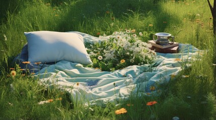 Poster - Picnic duvet on the meadow with green grass and spring flowers