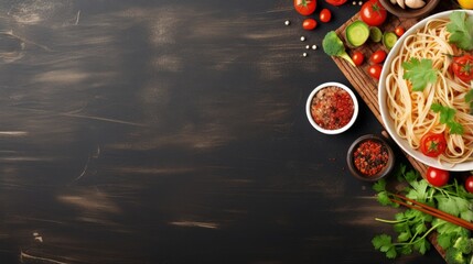 Wall Mural - Asian noodle and vegetables. Vegan, vegetarian eating. Healthy food. Top view with copy space, panorama, banner