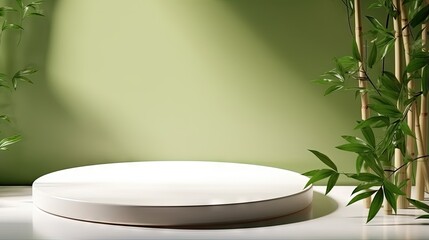 Realistic 3D render, empty white round table for beauty and health products overlay display with green bamboo, sunlight, foliage leaves shadow in background, Beige wall. Template, Backdrop, Healthy.