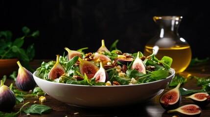 Sticker - Autumn fig and arugula salad recipe. Whole vegan paleo fruit and vegetable fall salad idea. Homemade salad bowl with figs, arugula, peach and apple slices, nuts and honey.