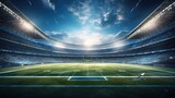 Fototapeta Sport - Dramatic 3D professional American football arena with green grass and rays of light