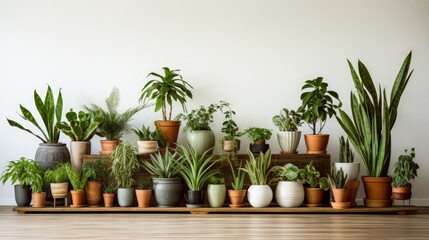 Poster - Many different houseplants on wooden table near white wall