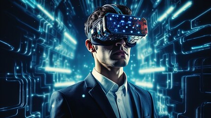 programmer in virtual reality glasses writing code for computer app engineering software coding vr vision headset innovation