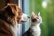 a cat and a dog looking out of the same window