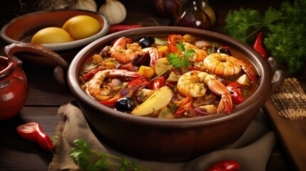 Wall Mural - Caldeirada de frutos do mar Portuguese seafood stew with potatoes, peppers, tomatoes and onions close-up in a bowl on the table. horizontal