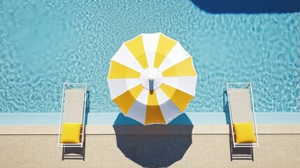Aufkleber - Top view swimming pool with yellow beach umbrella and chairs. Summer vacation concept. 3d rendering