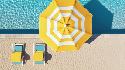 Aufkleber - Top view swimming pool with yellow beach umbrella and chairs. Summer vacation concept. 3d rendering