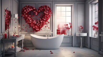 Canvas Print - Interior of modern bathroom decorated for Valentine's Day