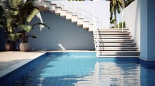 Swimming Pool With Stair And Water Pool At Hotel.