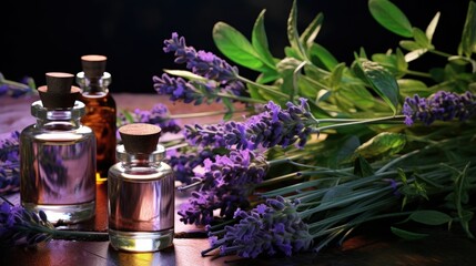 Sticker - Fresh mint, lavender leaves and bottles of essential oil for aromatherapy, alternate medicine and perfumery