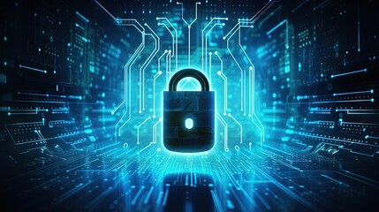 Poster - Cyber security concept: Shield With Keyhole icon on digital data background. Illustrates cyber data security or information privacy idea. Blue abstract hi speed internet technology.