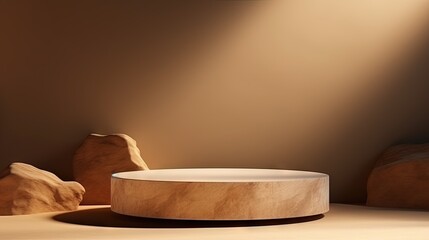 Aufkleber - 3D podium stone display on brown background. Beige rock, cosmetic beauty product promotion pedestal with sun shadow. Nature landscape showcase. Abstract minimal studio 3D render