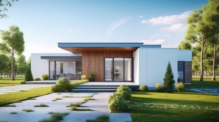 Wall Mural - View of small modern house in minimal style with green lawn on blue sky background,Contemporary residence design. 3D rendering.