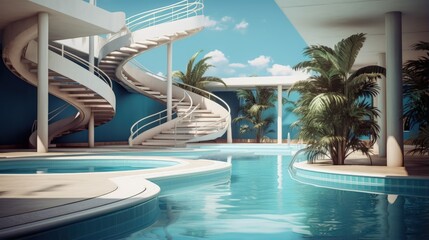 Wall Mural - Swimming pool with stair and water pool at hotel.