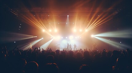 Poster - floodlights scene during a rock concert. Blurred background. Web banner. Element of design.