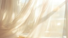 Transparent Curtain On The Window, Gently Moved By The Wind. Sunlight. Sun's Rays Shine Through The Transparent Tulle