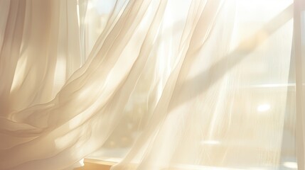 Canvas Print - transparent curtain on the window, gently moved by the wind. sunlight. sun's rays shine through the transparent tulle