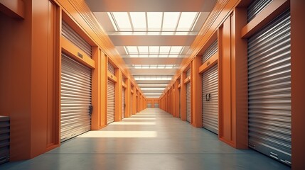 View of self storage warehouse, process of keeping and storing the goods and items in storage units, self-storage building, lock and key concept