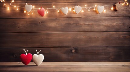 Fototapete - Valentines day concept with white coffee cups and heart shapes over rustic background with garland