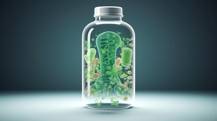 Creative probiotics supplement ad template. 3d composition of white drug bottle and green gut shape glass model. Concept of healthy digestive system.