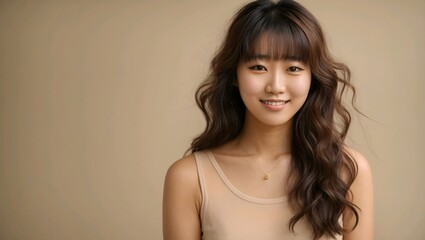 A korean young woman smiling, with wavy long hair and bangs in brown background 