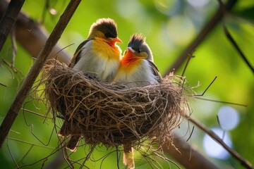 Wall Mural - a pair of birds tending to their nest