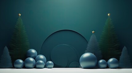 Minimal scene with, balls and pine trees, podium. Midnight green, blue shapes. For christmas holiday winter concep and magazines, poster, banner. 3D rendering