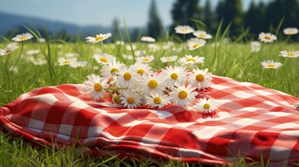 Sticker - Red picnic cloth. Red checked picnic blanket on a meadow with daisies in bloom. Beautiful backdrop for your product placement or montage.