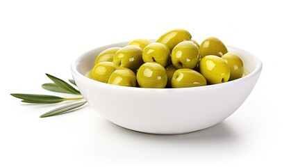 Aufkleber - Olives and olive oil in white bowl with bottle of olive oil on white background. Mockup for package. Copy space.