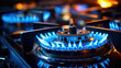 Kitchen gas stove burning with a blue flame. Global economic gas crisis. Close-up of a gas stove turned on.